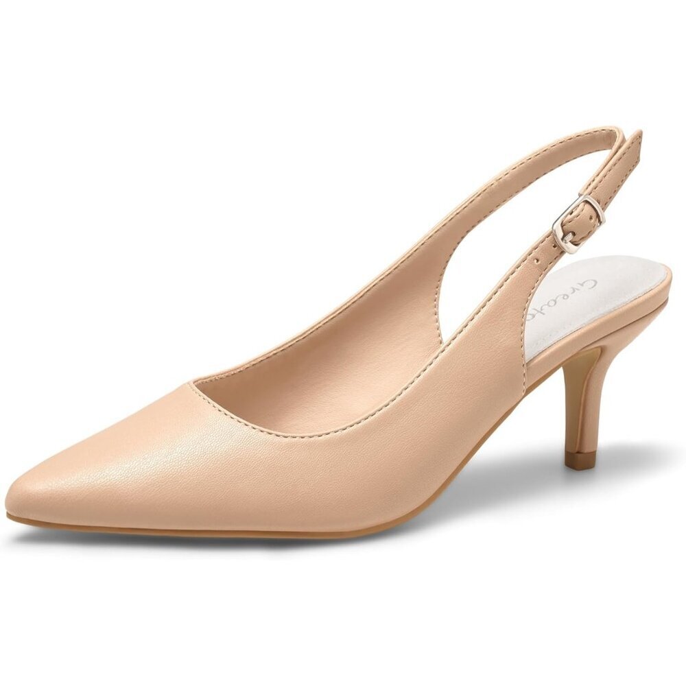 Women’s Nude Pu Closed Pointed Toe Kitten Heels Slingback Pumps Dressy Shoes